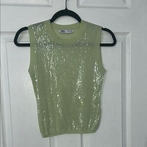 Zara Green Sequin Fitted Tank Top